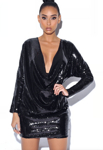 Glam Up Sequin Black Sequin Draped Dress