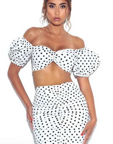 Round and Round Off Shoulder Puff Sleeve Polka-Dot Top
