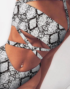 Black and White Snakeskin Wrap Around Cutout Swimsuit