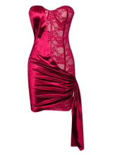Load image into Gallery viewer, Strapless Lace Satin Drape Dress