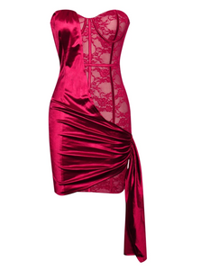 Strapless Lace Satin Drape Dress