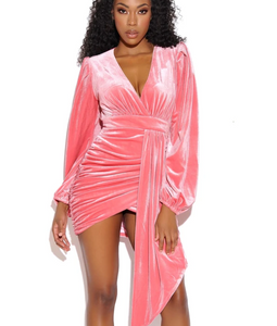 Rise and Shine Pink Velvet Long Sleeved Draped Dress