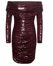 Load image into Gallery viewer, Sweet Talker Burgundy Off Shoulder Sequin Dress