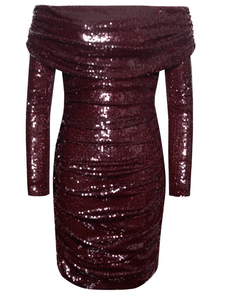 Sweet Talker Burgundy Off Shoulder Sequin Dress