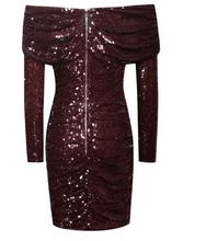Load image into Gallery viewer, Sweet Talker Burgundy Off Shoulder Sequin Dress