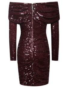 Sweet Talker Burgundy Off Shoulder Sequin Dress